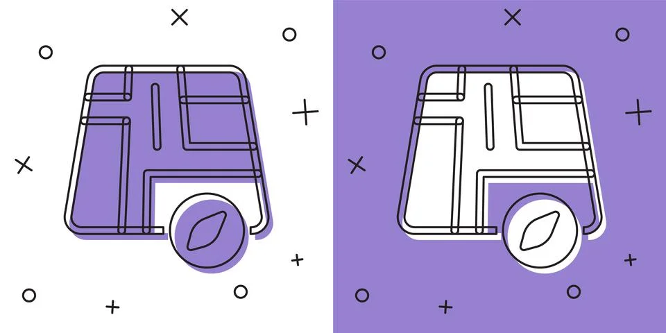 Set Map pointer with taxi car icon isolated on white and purple background. L Stock Illustration