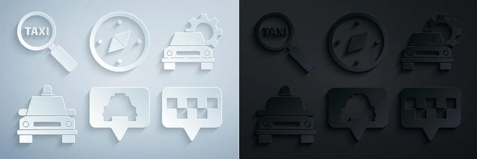 Set Map pointer with taxi, Car service, Taxi car, Compass and Magnifying gl.. 스톡 일러스트