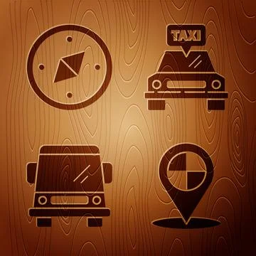 Set Map pointer with taxi, Compass, Car and Taxi car on wooden background 스톡 일러스트