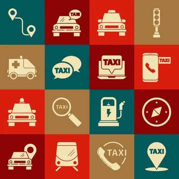 Set Map pointer with taxi, Compass, Taxi call telephone service, car, Ambulance Stock Illustration
