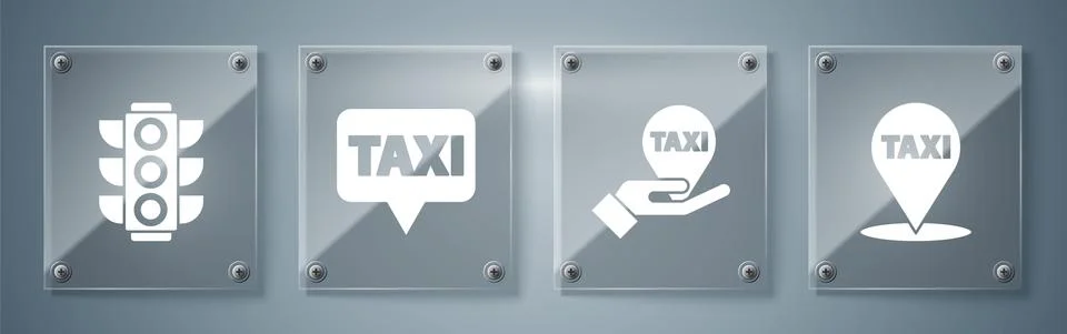 Set Map pointer with taxi, Hand on map pointer with taxi, Map pointer with taxi Stock Illustration
