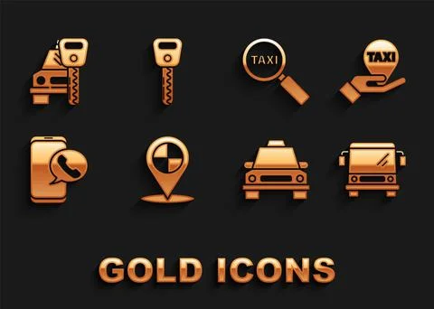 Set Map pointer with taxi, Hand on map, Bus, Taxi car, call telephone service Illustrazione stock