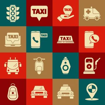 Set Map pointer with taxi, Petrol or Gas station, Taxi call telephone service Illustrazione stock