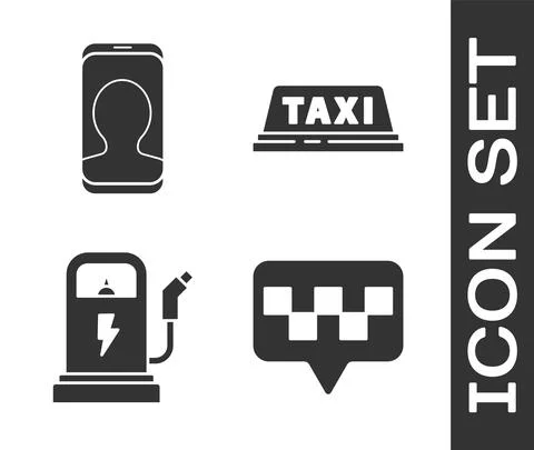 Set Map pointer with taxi, Taxi call telephone service, Electric car charging 스톡 일러스트