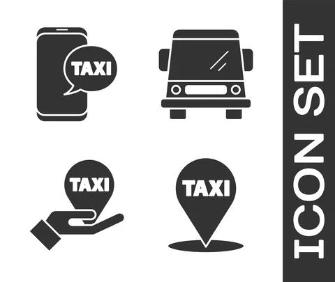 Set Map pointer with taxi, Taxi call telephone service, Hand on map pointer with Stock Illustration