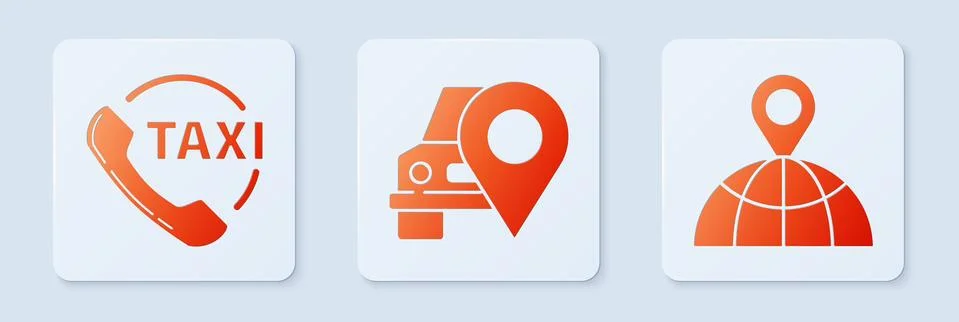 Set Map pointer with taxi, Taxi call telephone service and Location on the globe 스톡 일러스트