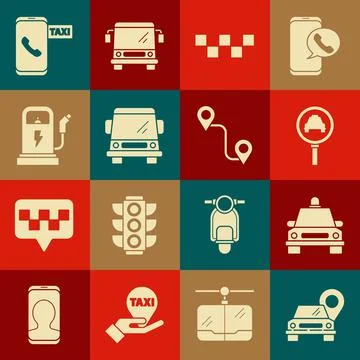 Set Map pointer with taxi, Taxi car, Magnifying glass and, roof, Car, Electric 스톡 일러스트