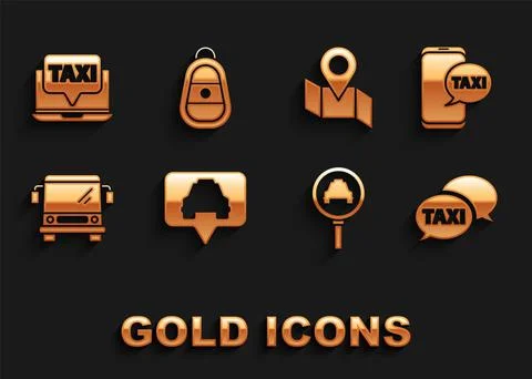 Set Map pointer with taxi, Taxi call telephone service, Magnifying glass and car Stockillustratie