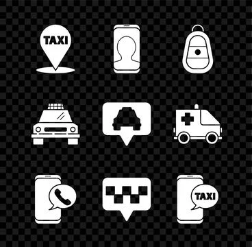 Set Map pointer with taxi, Taxi call telephone service, Car key remote, car and Stockillustratie