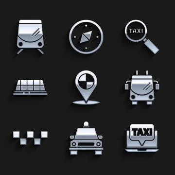 Set Map pointer with taxi, Taxi car, Laptop call service, Trolleybus, roof,.. Stockillustratie