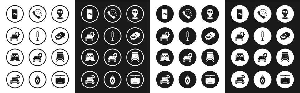 Set Map pointer with taxi, Traffic light, Car service, Taxi call telephone, Tram Illustrazione stock