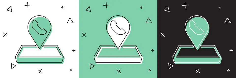 Set Map pointer with telephone or communication icon isolated on white and green Stock Illustration