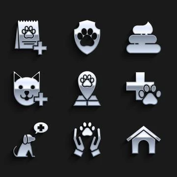 Set Map pointer with veterinary medicine hospital, Hands animals footprint, Dog Stock Illustration