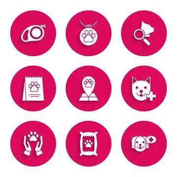 Set Map pointer with veterinary medicine hospital, Bag of food for dog Stock Illustration