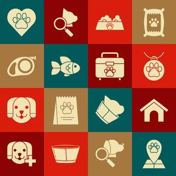 Set Map pointer with veterinary medicine hospital, Collar name tag, Pet food Stock Illustration