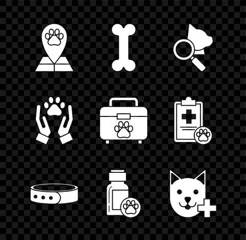 Set Map pointer with veterinary medicine hospital, Dog bone, Veterinary clinic Stockillustratie