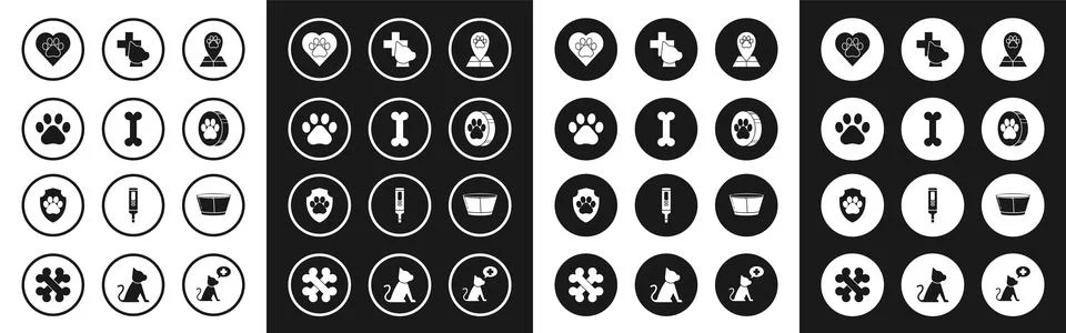 Set Map pointer with veterinary medicine hospital, Dog bone, Paw print, Heart Stock Illustration