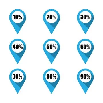 Set of map pointers with different percentage. Isolated Stock Illustration