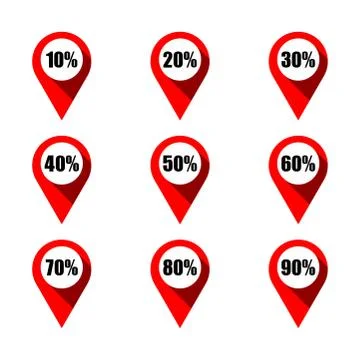 Set of map pointers with different percentage. Isolated Stock Illustration