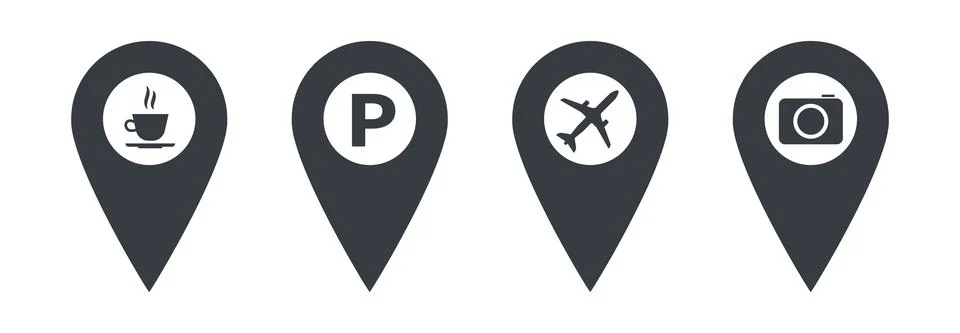 Set of Map pointers showing a place to eat, to take photos, to fly, to park. Ilustración de archivo