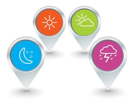Set of map pointers with weather icons Stock Illustration