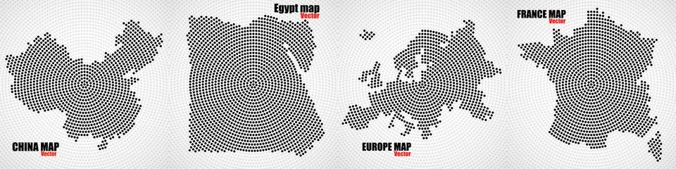 Set map of radial dots China, Egypt, Europe and France. Vector illustration Stock Illustration
