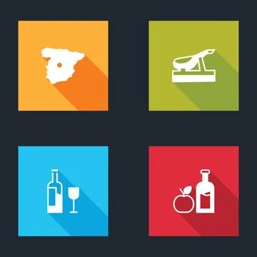 Set Map of Spain, Spanish jamon, Wine bottle with glass and Apple cider icon. イラスト素材