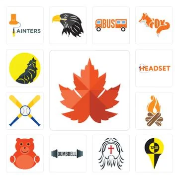 Set of maple leaf, , dumbbell, cute bear, bonfire, baseball team, headset, ic Free Stock Illustration