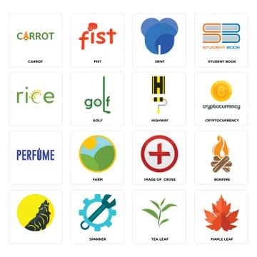 Set of maple leaf, tea, image cross, highway, dent, carrot icons Free Stock Illustration
