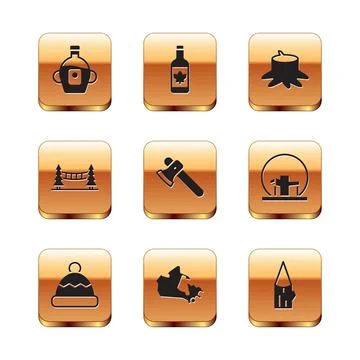 Set Maple syrup, Beanie hat, Canada map, Wooden axe, Capilano Suspension Bridge Illustration