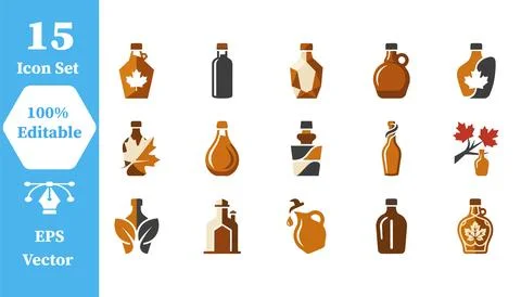 Set of maple syrup bottle icons with container breakfast mapleleaf culinary Stock Illustration