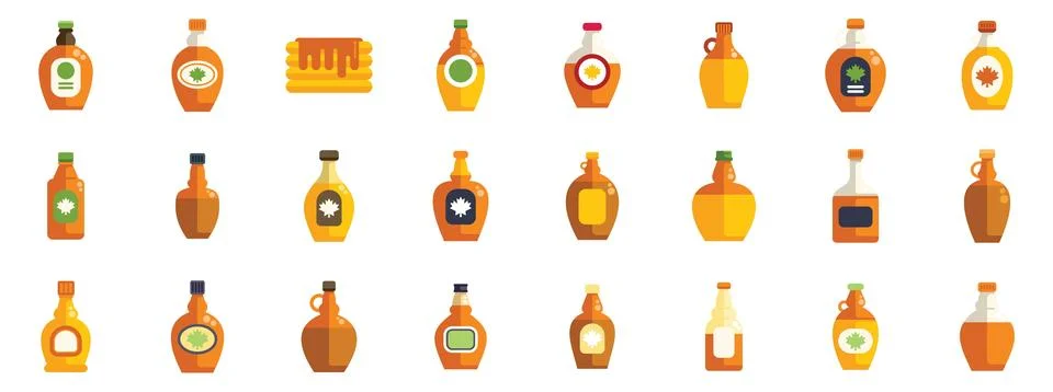 Set of maple syrup bottles showing variety of containers and flavors Stock Illustration