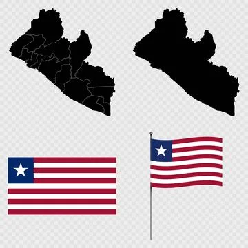 Set of maps, flag and flagpole of Liberia. Vector illustration. Stock Illustration