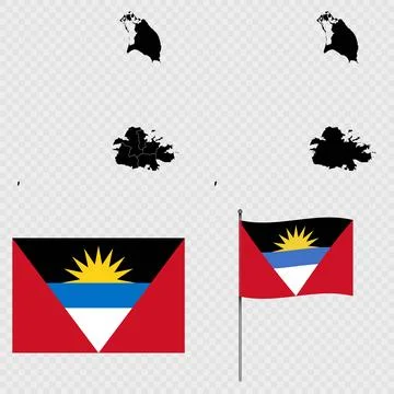 Set of maps, flag and flagpole of Antigua and Barbuda. Vector illustration. Stock-Illustration
