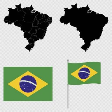 Set of maps, flag and flagpole of Brazil. Vector illustration. Stock Illustration