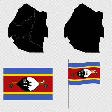 Set of maps, flag and flagpole of Eswatini. Vector illustration. Stock Illustration