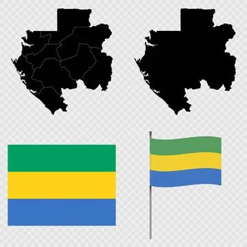 Set of maps, flag and flagpole of Gabon. Vector illustration. Stock Illustration