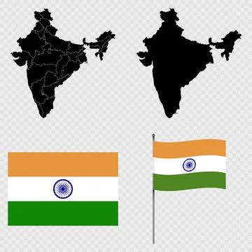 Set of maps, flag and flagpole of India. Vector illustration. Stock Illustration