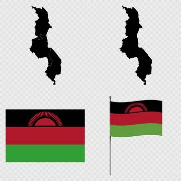 Set of maps, flag and flagpole of Malawi. Vector illustration. Stock Illustration