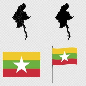 Set of maps, flag and flagpole of Myanmar. Vector illustration. Stock Illustration