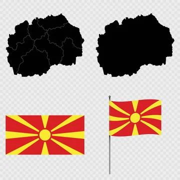 Set of maps, flag and flagpole of North Macedonia. Vector illustration. Stock Illustration