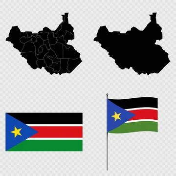 Set of maps, flag and flagpole of South Sudan. Vector illustration. Stock Illustration