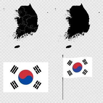 Set of maps, flag and flagpole of South Korea. Vector illustration. Stock Illustration