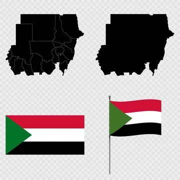 Set of maps, flag and flagpole of Sudan. Vector illustration. Stock Illustration
