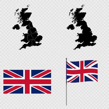 Set of maps, flag and flagpole of UK. Vector illustration. Stock Illustration