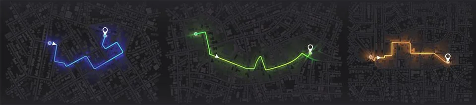 Set of maps with route distance data, path turns and destination tag or mark Stock Illustration