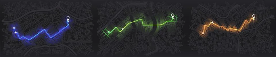 Set of maps with route distance data, path turns and destination tag or mark Stock Illustration