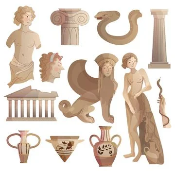 Set of marble statues and architecture. Illustrazione stock