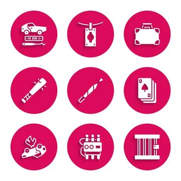 Set Marijuana joint, Dynamite and timer clock, Prison window, Playing cards Illustrazione stock