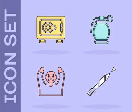 Set Marijuana joint, Safe, Thief surrendering hands up and Hand grenade icon. イラスト素材
